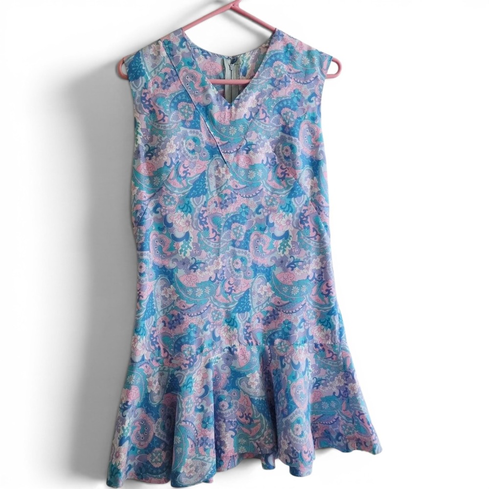 Vintage 1960s Handmade Drop Waist Paisley Dress Blue Pink XS 2-4 Cottagecore